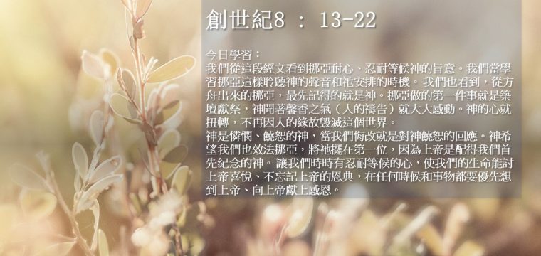 活潑的生命讀經進度 – 今日閱讀經文： 《 創世紀8 : 13-22 》